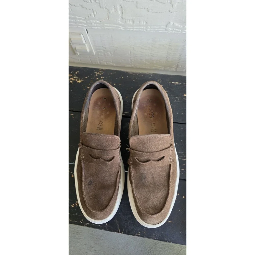 Geox Men’s Suede Slip-On Loafers Brown/White Rubber Sole Leather Insole 13